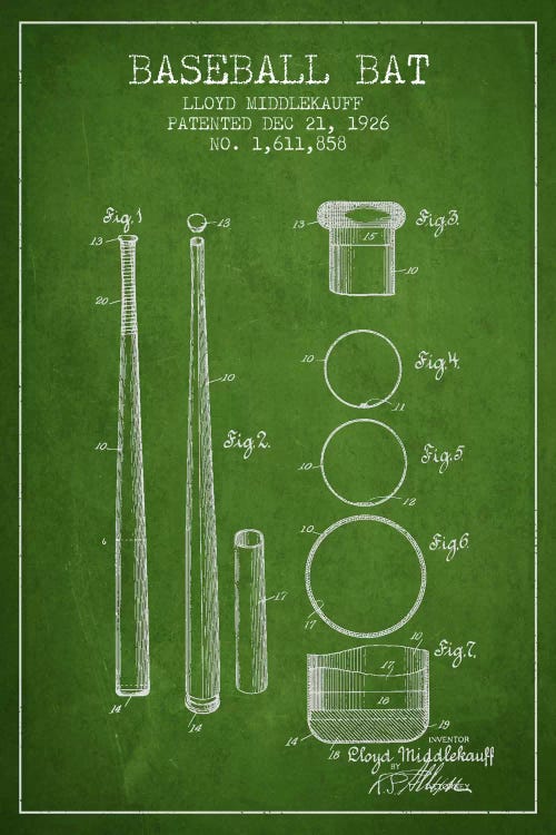 Baseball Bat Green Patent Blueprint