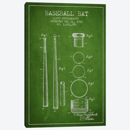Baseball Bat Green Patent Blueprint Canvas Print #ADP2031} by Aged Pixel Canvas Print
