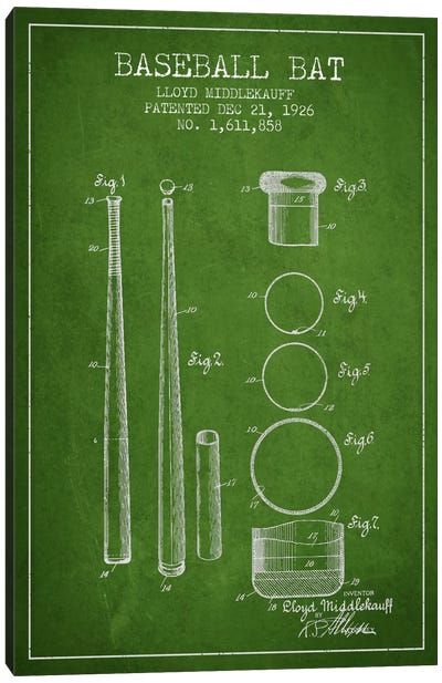 Baseball Bat Green Patent Blueprint Canvas Art Print