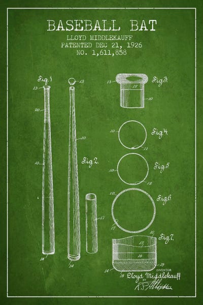 Baseball: Baseball Bat Green Patent IV Blueprint by Aged Pixel