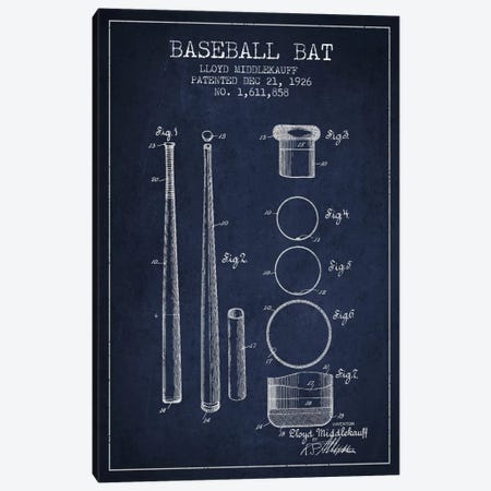 Baseball Bat Navy Blue Patent Blueprint Canvas Print #ADP2032} by Aged Pixel Art Print