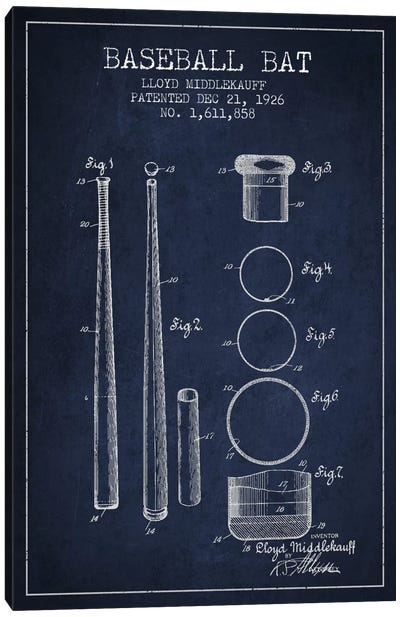 Baseball Bat Navy Blue Patent Blueprint Canvas Art Print - Aged Pixel: Sports
