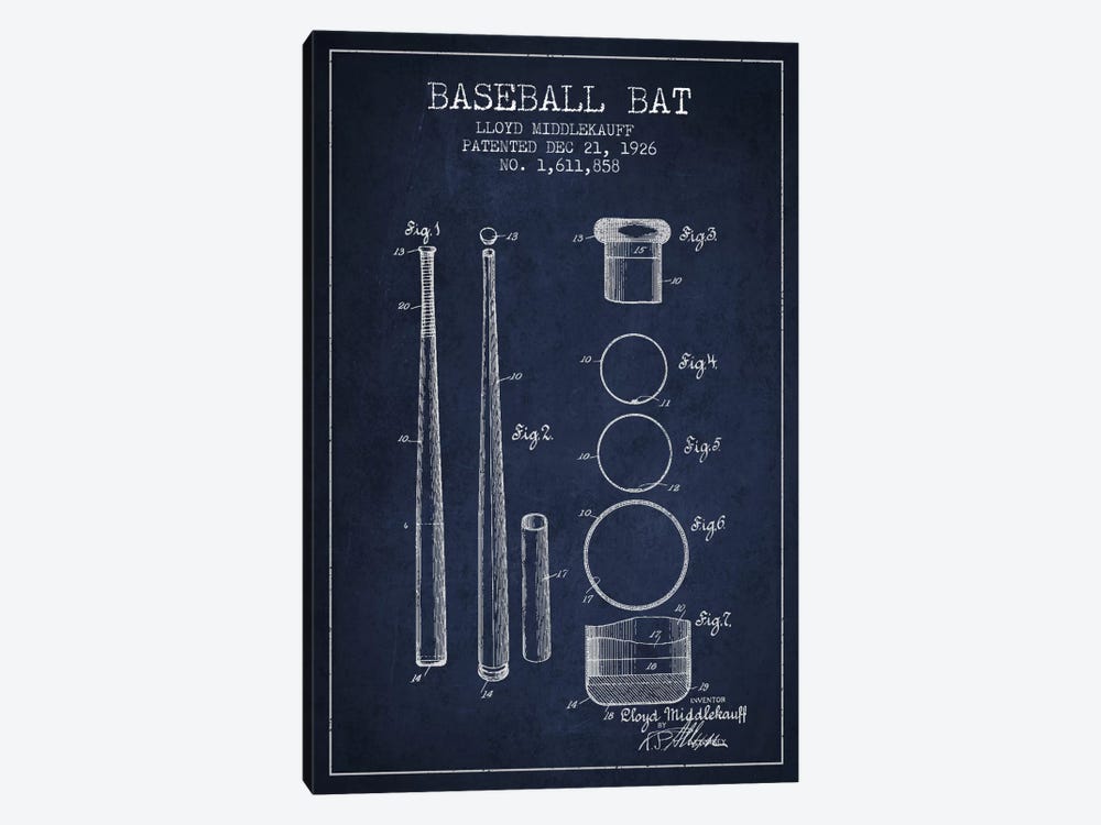 Baseball Bat Navy Blue Patent Blueprint by Aged Pixel 1-piece Art Print