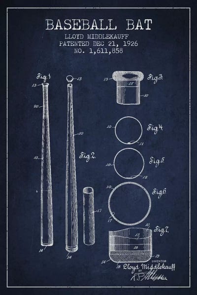 Kids Sports Art: Baseball Bat Navy Blue Patent IV Blueprint by Aged Pixel