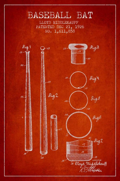 Baseball Bat Red Patent III Blueprint by Aged Pixel wall art