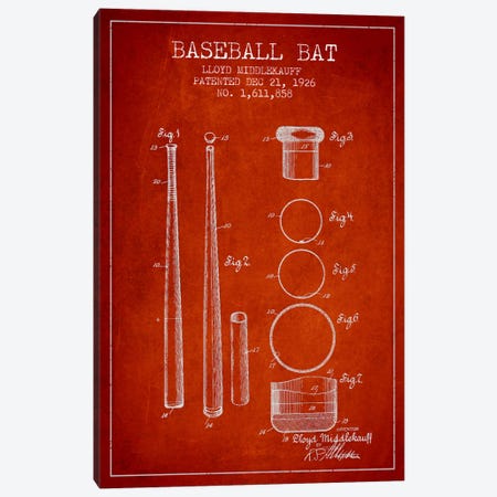 Baseball Bat Red Patent Blueprint Canvas Print #ADP2033} by Aged Pixel Art Print