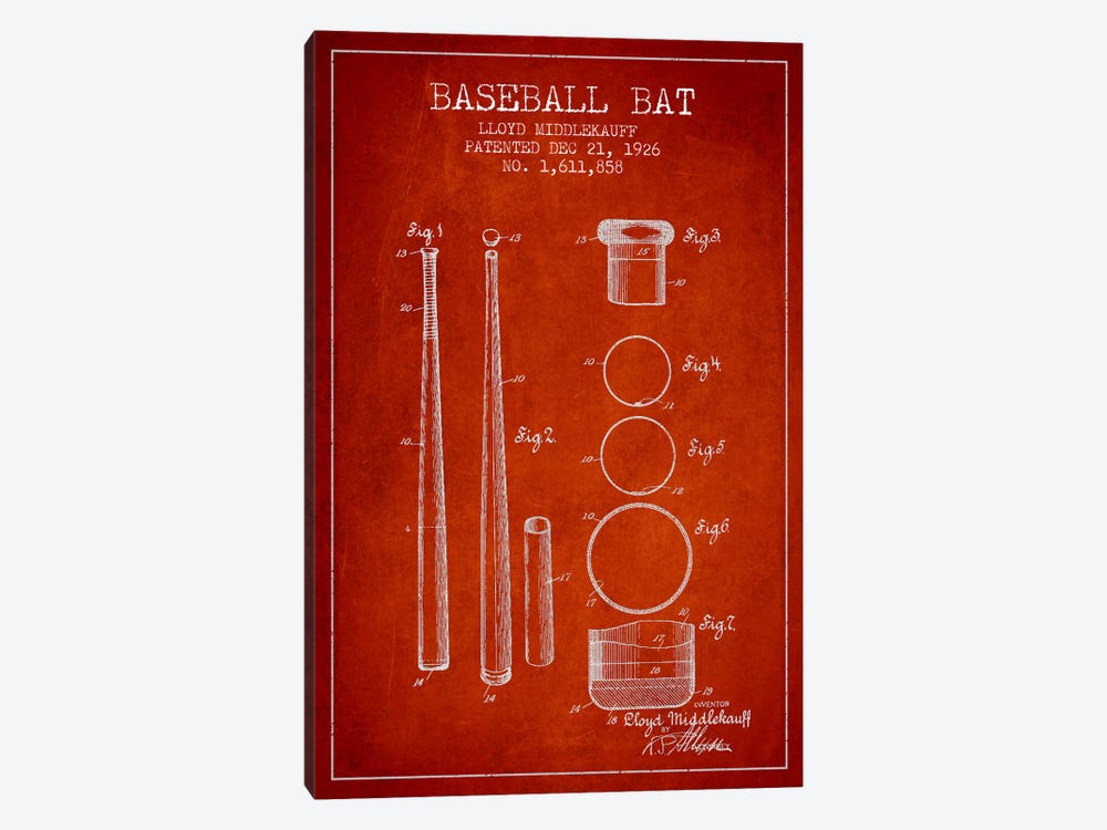 Baseball Bat Red Patent Blueprint by Aged Pixel 1-piece Canvas Artwork