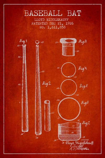 Sports Blueprints: Baseball Bat Red Patent III Blueprint by Aged Pixel