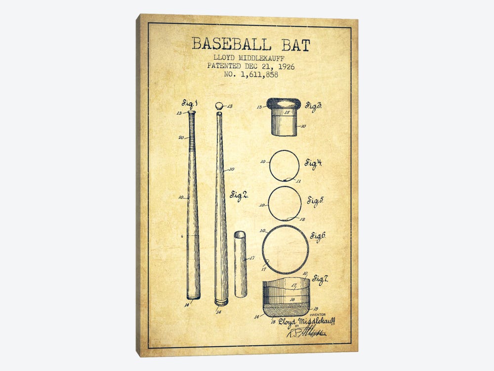 Baseball Bat Vintage Patent Blueprint by Aged Pixel 1-piece Art Print