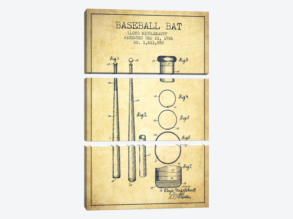 Baseball Bat Vintage Patent Blueprint 3-piece Art Print