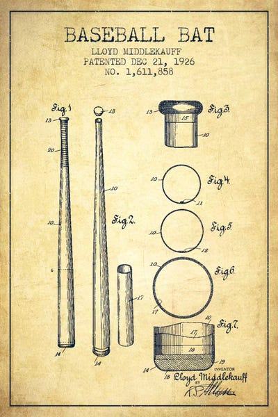 Baseball: Baseball Bat Vintage Patent IV Blueprint by Aged Pixel