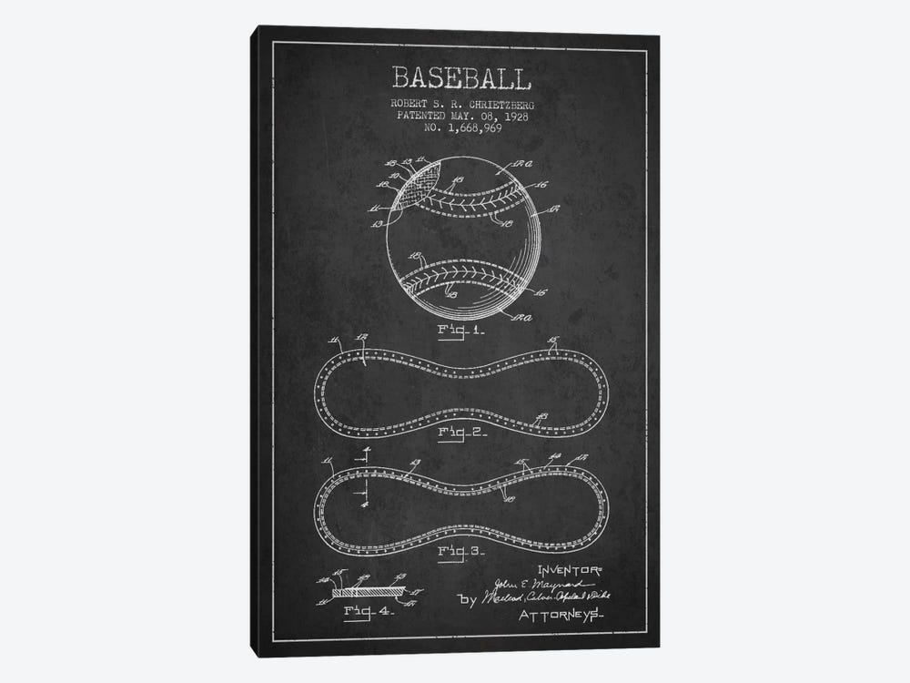 Baseball Charcoal Patent Blueprint by Aged Pixel 1-piece Canvas Artwork