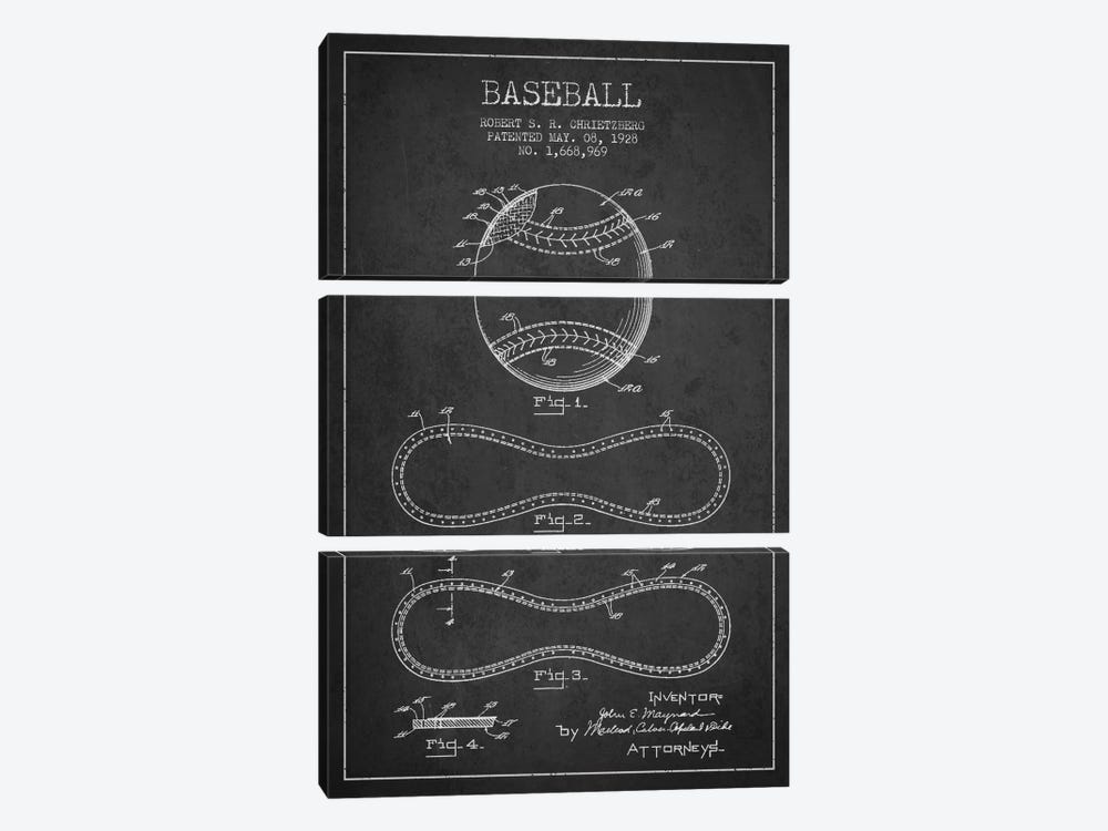 Baseball Charcoal Patent Blueprint by Aged Pixel 3-piece Canvas Art