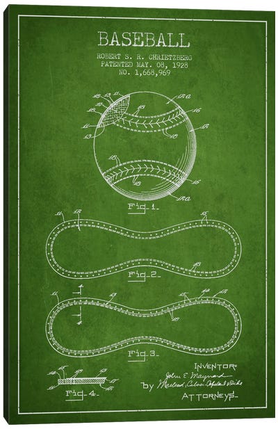 Baseball Green Patent Blueprint Canvas Art Print - Baseball Art
