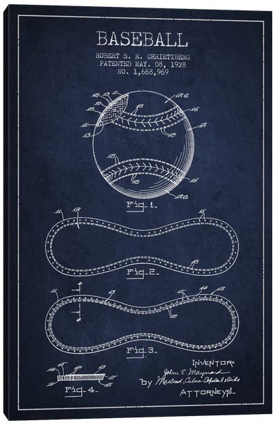 Baseball Navy Blue Patent Blueprint Canvas Art Print - Best Selling Kids Art