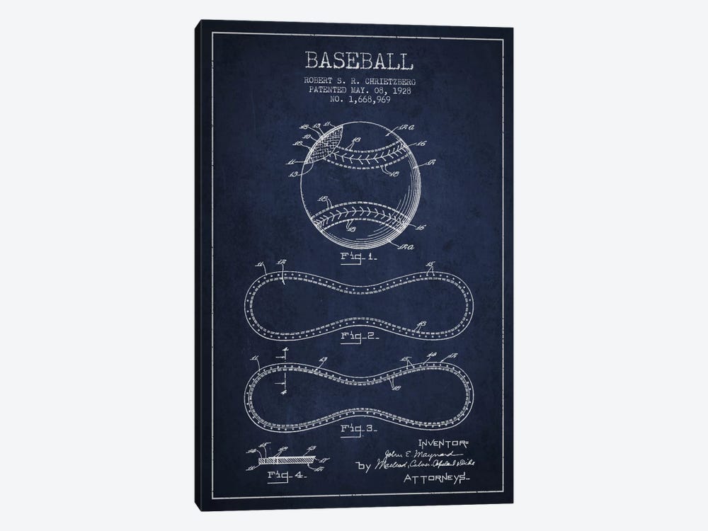 Baseball Navy Blue Patent Blueprint 1-piece Canvas Art