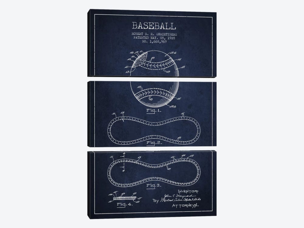 Baseball Navy Blue Patent Blueprint by Aged Pixel 3-piece Canvas Artwork