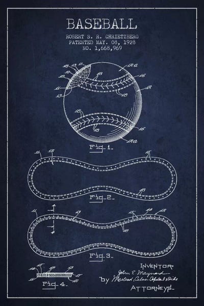 Blueprints & Patent Sketches: Baseball Navy Blue Patent Blueprint by Aged Pixel