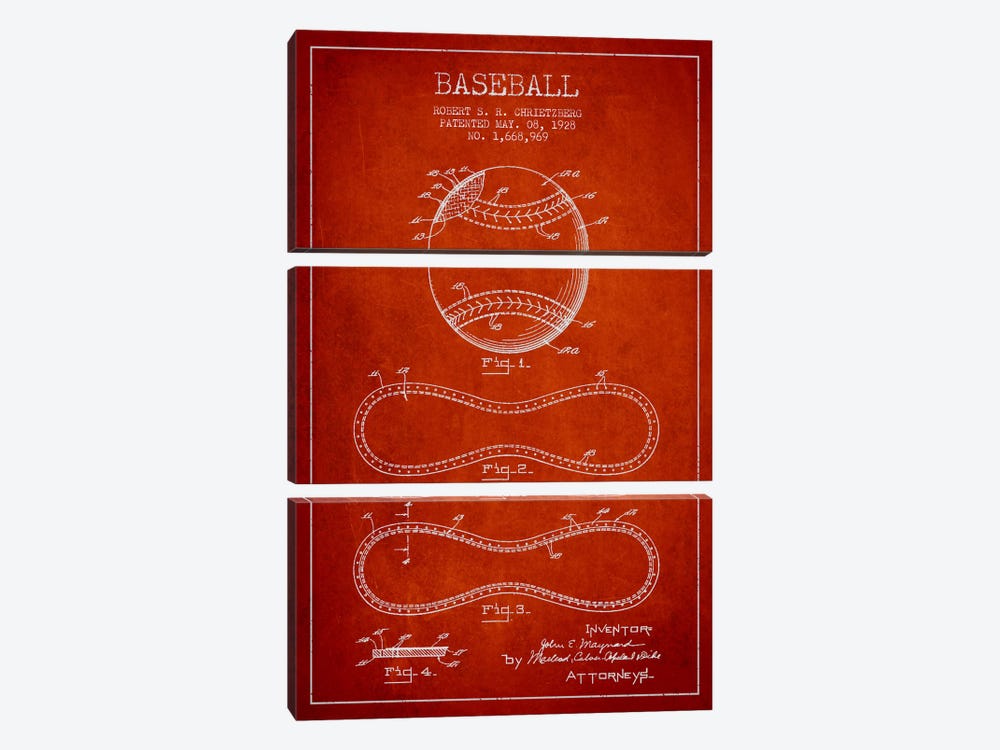 Baseball Red Patent Blueprint by Aged Pixel 3-piece Art Print