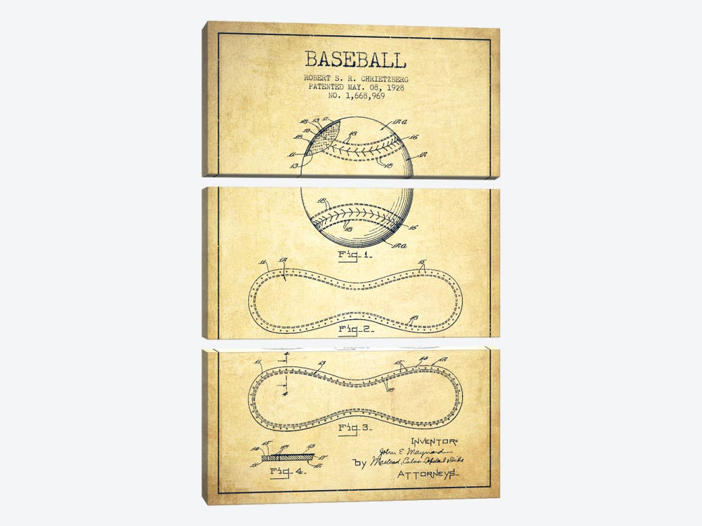 Baseball Vintage Patent Blueprint by Aged Pixel 3-piece Canvas Artwork