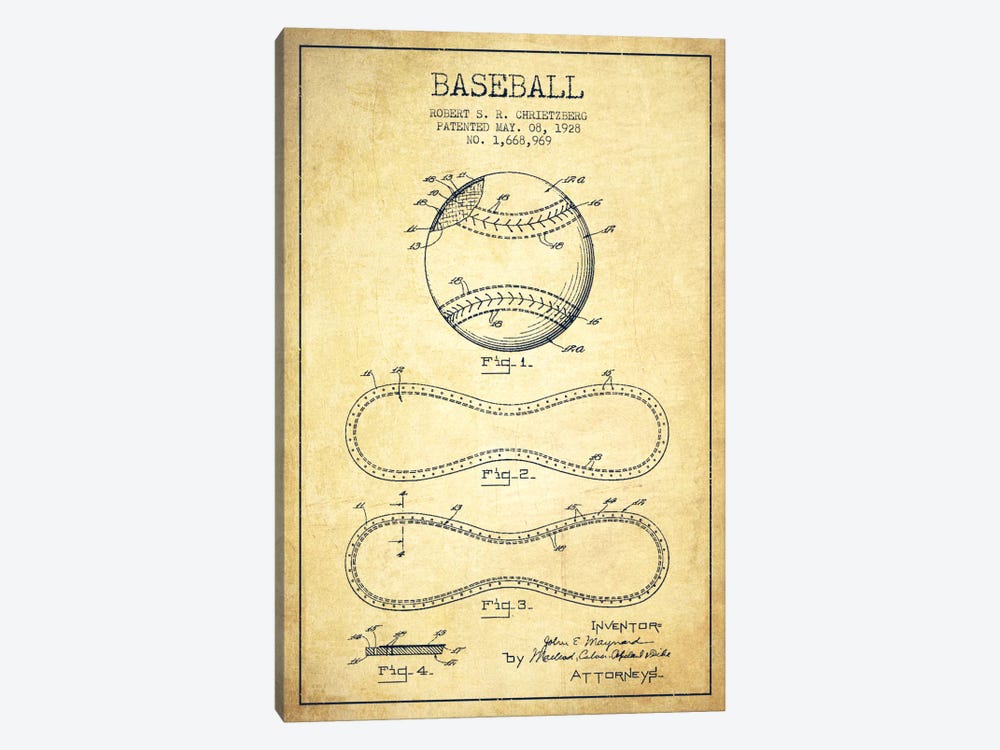 Baseball Vintage Patent Blueprint by Aged Pixel 1-piece Canvas Wall Art
