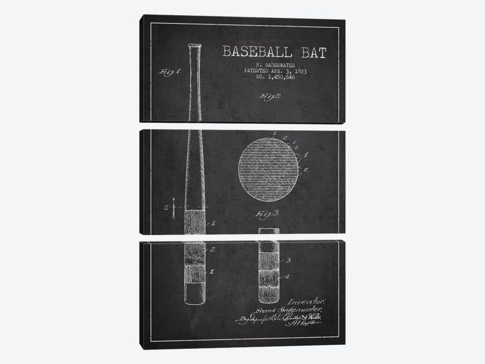 Baseball Bat Charcoal Patent Blueprint by Aged Pixel 3-piece Canvas Art