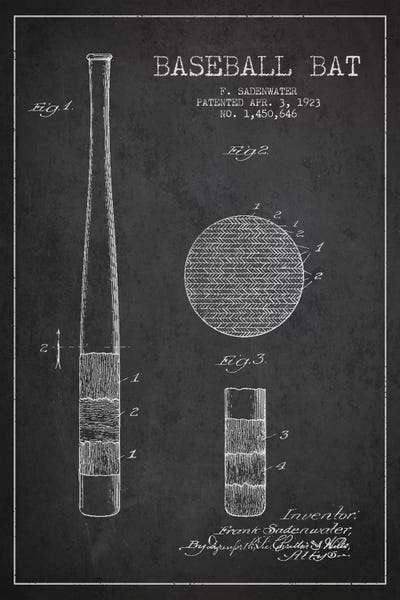 Sports Blueprints: Baseball Bat Charcoal Patent V Blueprint by Aged Pixel