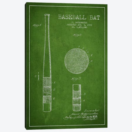 Baseball Bat Green Patent Blueprint Canvas Print #ADP2041} by Aged Pixel Canvas Artwork