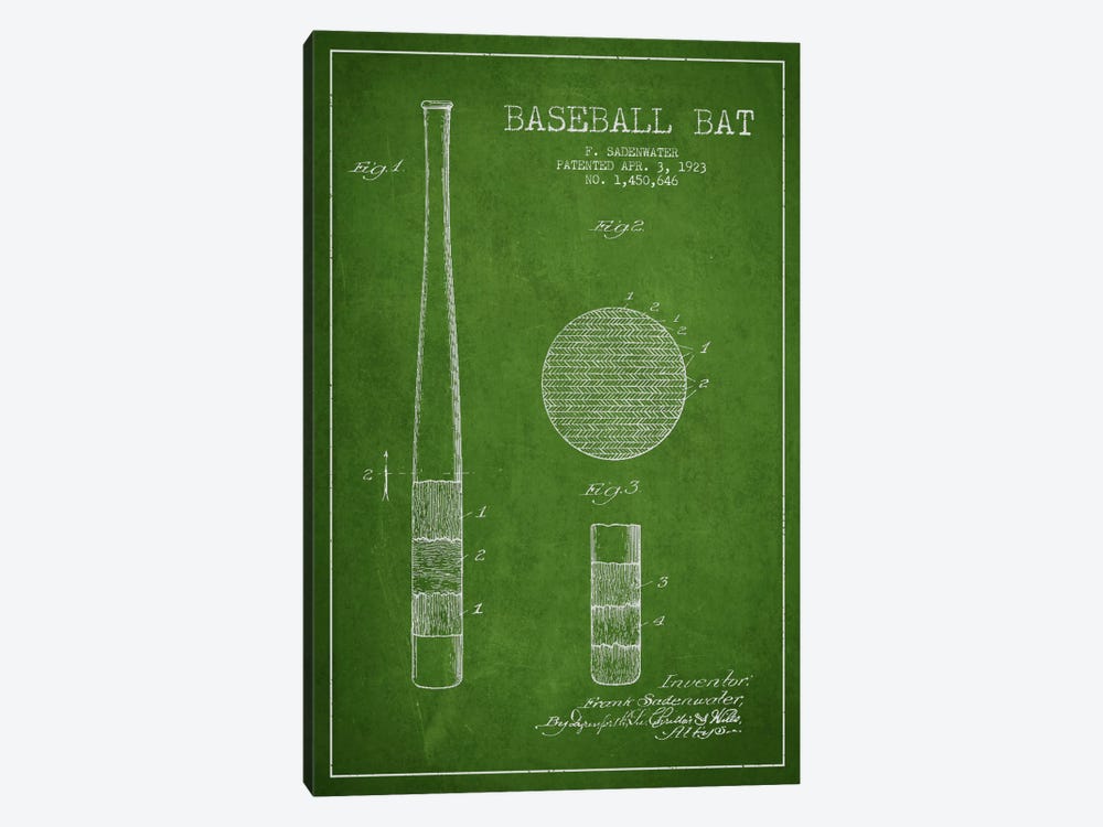 Baseball Bat Green Patent Blueprint by Aged Pixel 1-piece Canvas Art Print