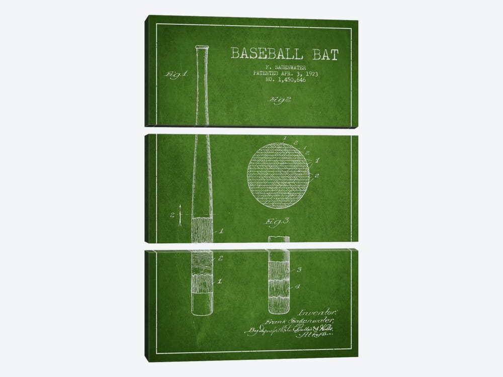 Baseball Bat Green Patent Blueprint by Aged Pixel 3-piece Canvas Art Print