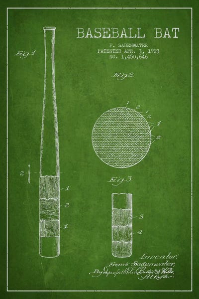 Baseball: Baseball Bat Green Patent V Blueprint by Aged Pixel