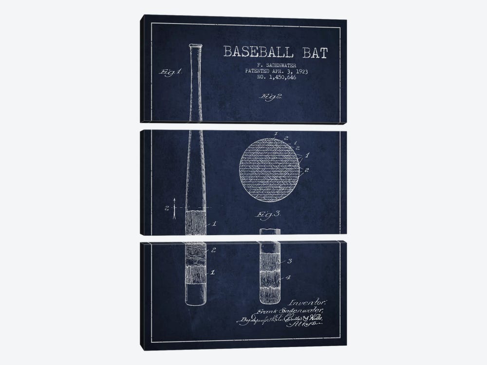 Baseball Bat Navy Blue Patent Blueprint by Aged Pixel 3-piece Canvas Art