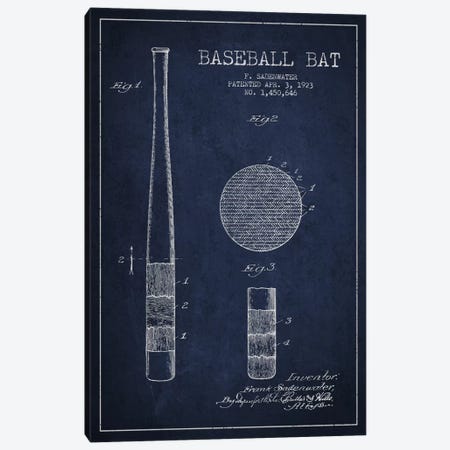 Baseball Bat Navy Blue Patent Blueprint Canvas Print #ADP2042} by Aged Pixel Canvas Wall Art
