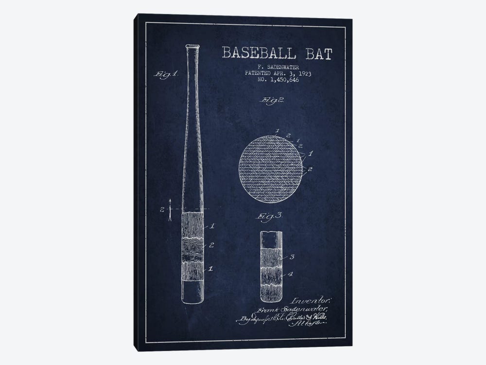 Baseball Bat Navy Blue Patent Blueprint by Aged Pixel 1-piece Canvas Wall Art