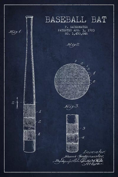 Sports Blueprints: Baseball Bat Navy Blue Patent V Blueprint by Aged Pixel