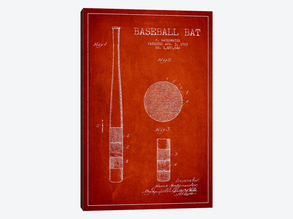 Baseball Bat Red Patent Blueprint by Aged Pixel 1-piece Canvas Print