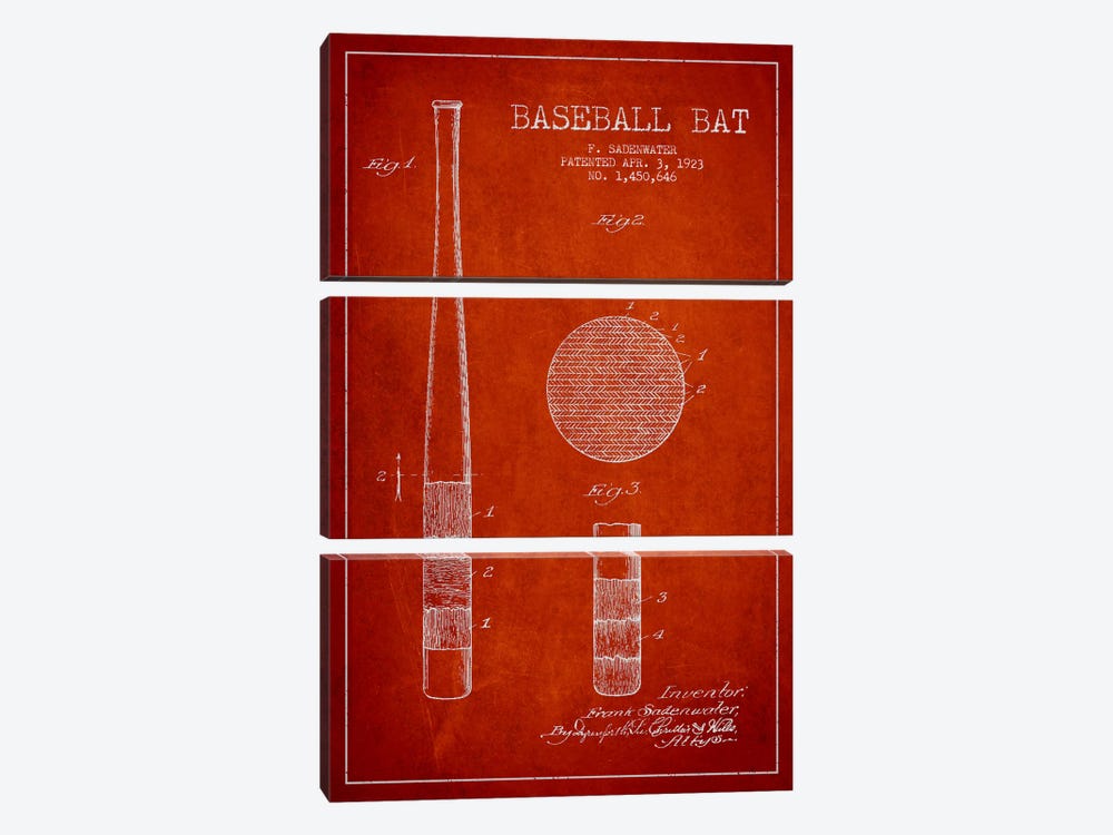 Baseball Bat Red Patent Blueprint by Aged Pixel 3-piece Canvas Print