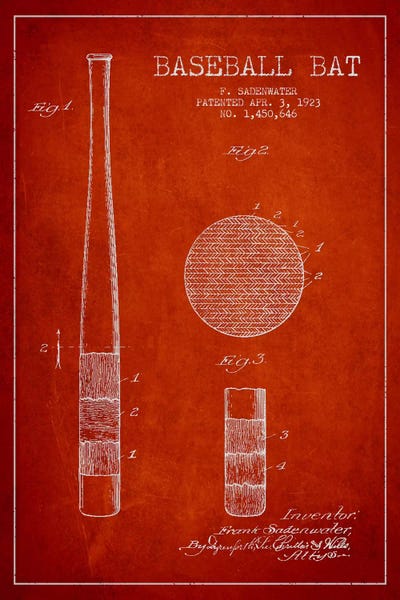 Baseball: Baseball Bat Red Patent IV Blueprint by Aged Pixel