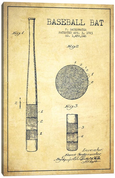 Baseball Bat Vintage Patent Blueprint Canvas Art Print - Aged Pixel: Sports