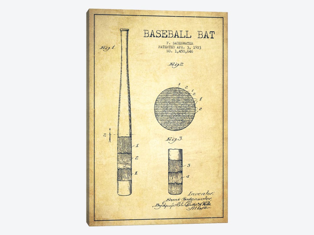 Baseball Bat Vintage Patent Blueprint by Aged Pixel 1-piece Canvas Wall Art