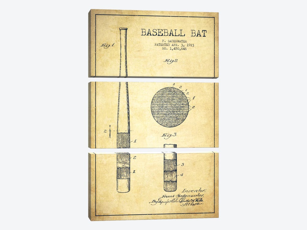 Baseball Bat Vintage Patent Blueprint by Aged Pixel 3-piece Canvas Art