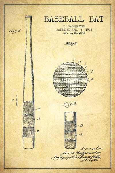 Baseball: Baseball Bat Vintage Patent V Blueprint by Aged Pixel