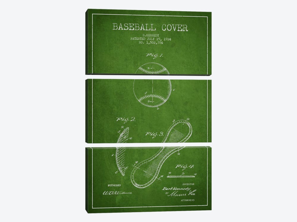 Baseball Cover Green Patent Blueprint by Aged Pixel 3-piece Canvas Art