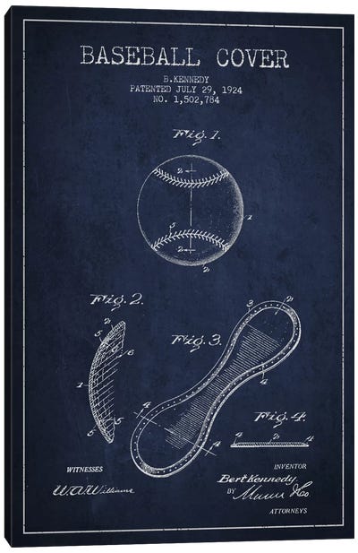 Baseball Cover Navy Blue Patent Blueprint Canvas Art Print - Baseball Art