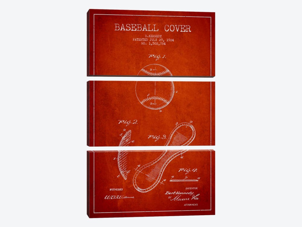 Baseball Cover Red Patent Blueprint by Aged Pixel 3-piece Canvas Artwork