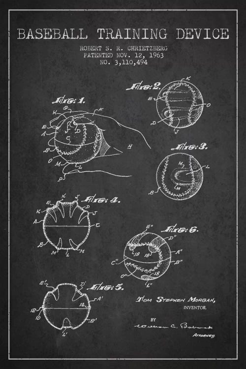 Baseball Device Charcoal Patent Blueprint by Aged Pixel wall art