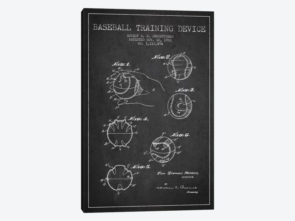 Baseball Device Charcoal Patent Blueprint by Aged Pixel 1-piece Canvas Art Print