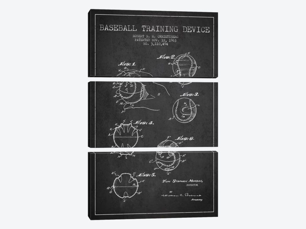 Baseball Device Charcoal Patent Blueprint by Aged Pixel 3-piece Art Print