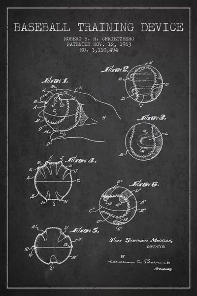 Sports Blueprints: Baseball Device Charcoal Patent Blueprint by Aged Pixel