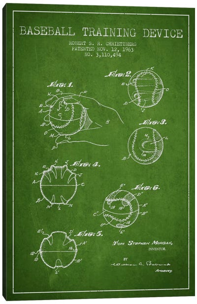 Baseball Device Green Patent Blueprint Canvas Art Print